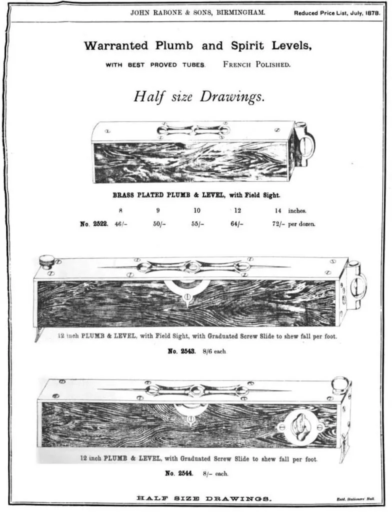 Half-size drawings from John Rabone & Sons' 1878 price list, featuring brass-plated plumb and spirit levels with advanced features such as graduated screw slides for precise measurements.