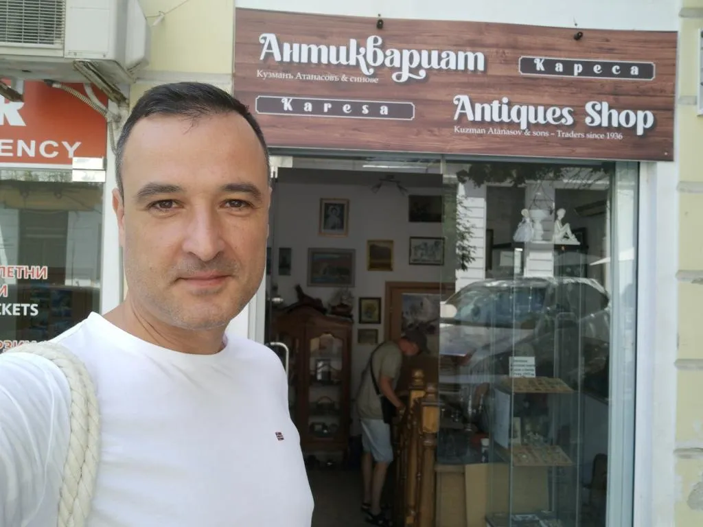 In front of Karesa Antiques Shop in Varna’s historic Greek Quarter - a hidden gem for antique lovers.