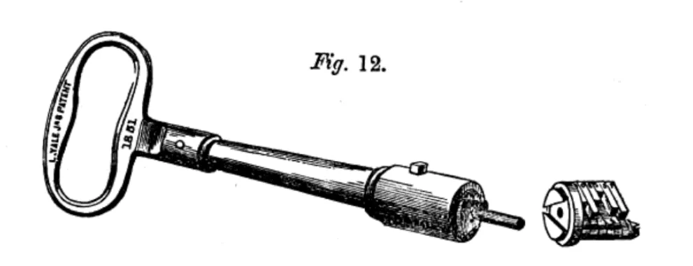 Illustration eines Yale-Patent-Schlüssels und Schlossmechanismus von 1861, die die innere Struktur und Funktionsweise des Schlosses zeigt. (Originalbeschriftung: Chilled Iron Bank Door with corner left unfilled to show the network.)