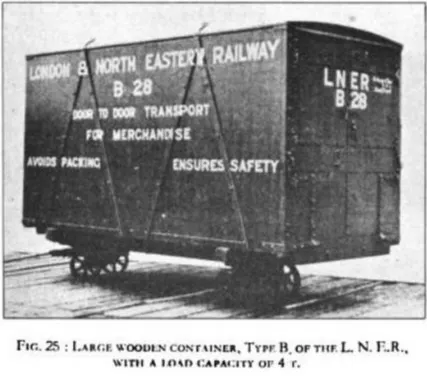 A Type B wooden container mounted on an LNER rail cart, showcasing the railway's advanced freight-handling solutions.