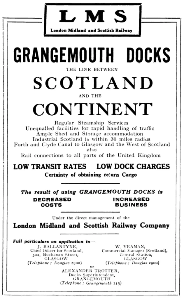 A 1934 L.M.S. advertisement highlighting Grangemouth Docks as a key link between Scotland and the European continent.