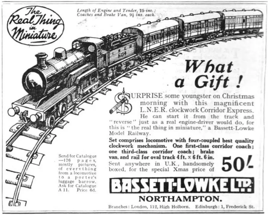 An advertisement for the L.N.E.R. Clockwork Corridor Express, a detailed toy model designed to bring the excitement of rail travel into the hands of young enthusiasts.