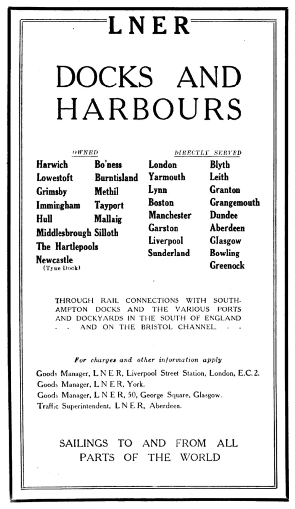 A detailed list of docks and harbors owned and served by the London and North Eastern Railway (LNER), highlighting the company's significant role in maritime trade and transport across Britain.