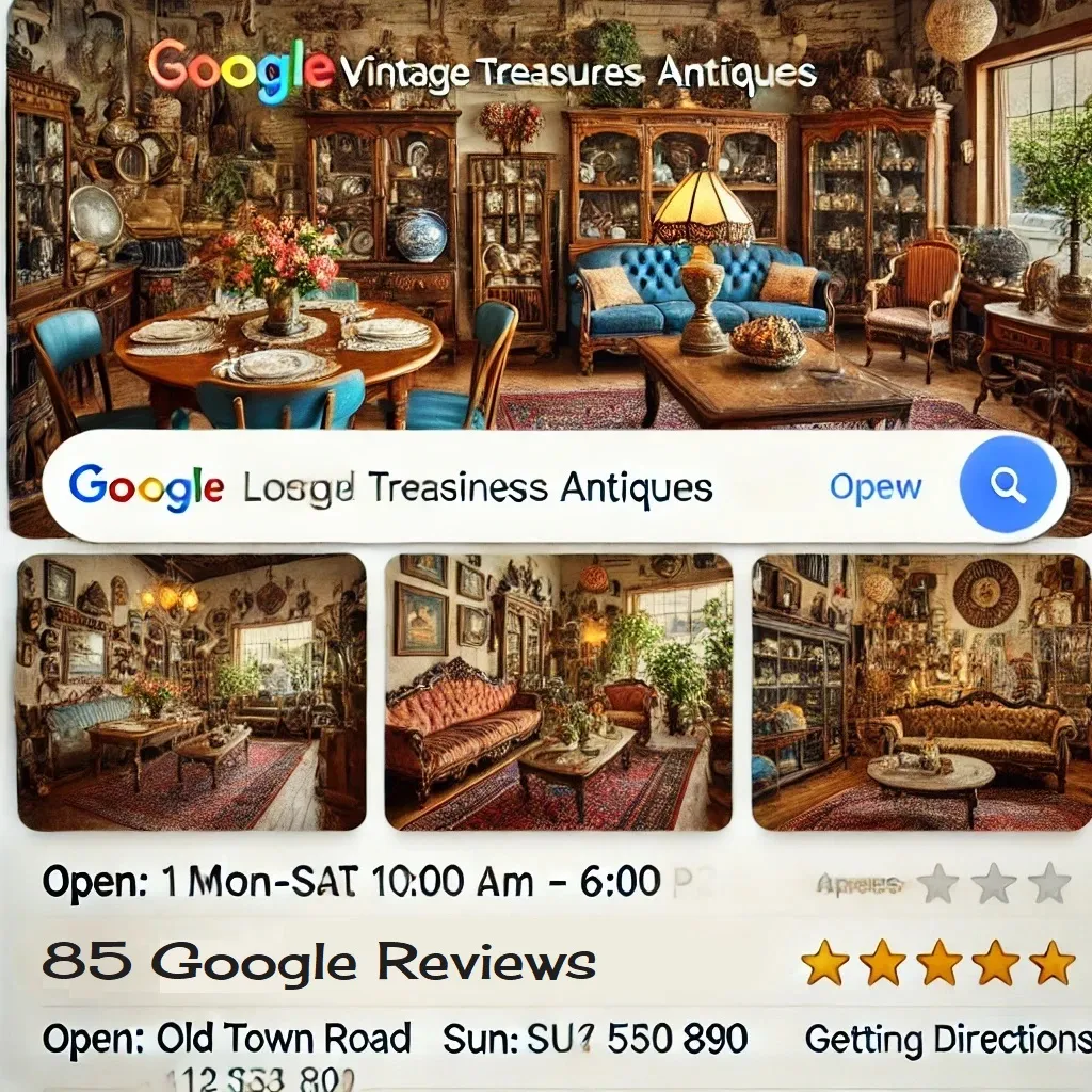 Local business snipet for antique center with Google reviews.