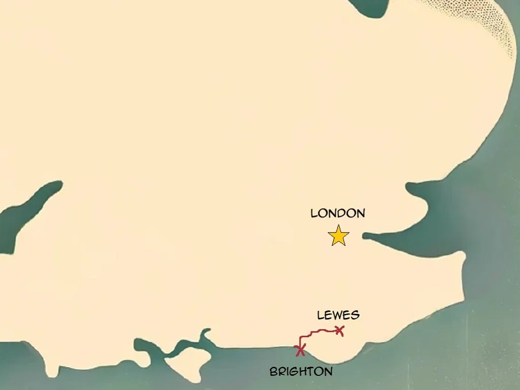 Map showing the journey from Brighton to Lewes, a historical town known for its antique centers.