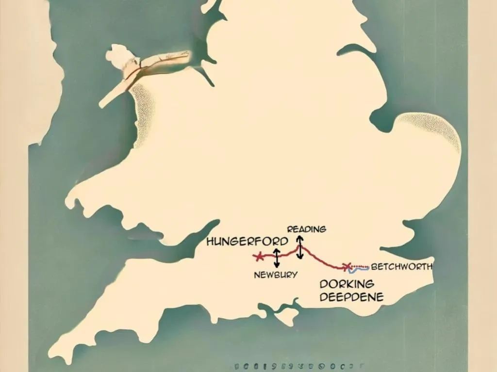 A map showcasing the journey from Hungerford to Dorking via Newbury, Reading, and a detour to Betchworth.