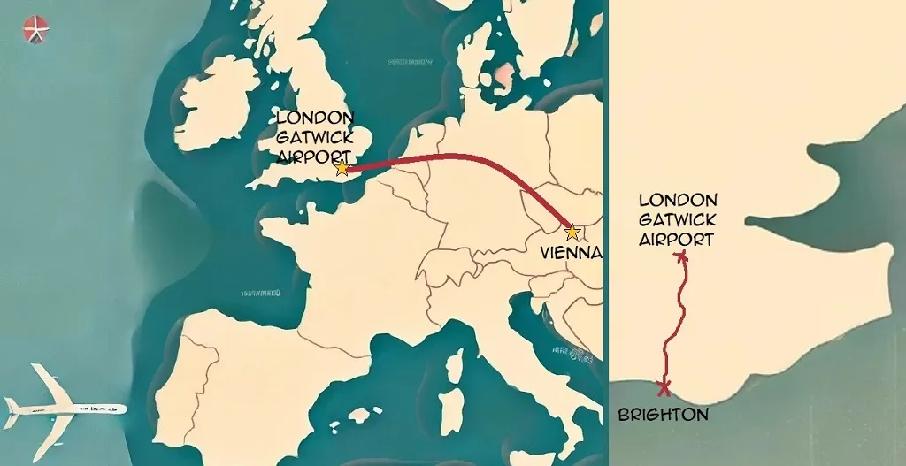 The map of my journey from Vienna to Brighton, via London Gatwick Airport.