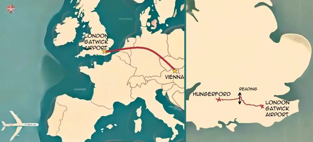  A map of a journey from Vienna to Hungerford, via London Gatwick and Reading, marking the start of an antique-hunting adventure.