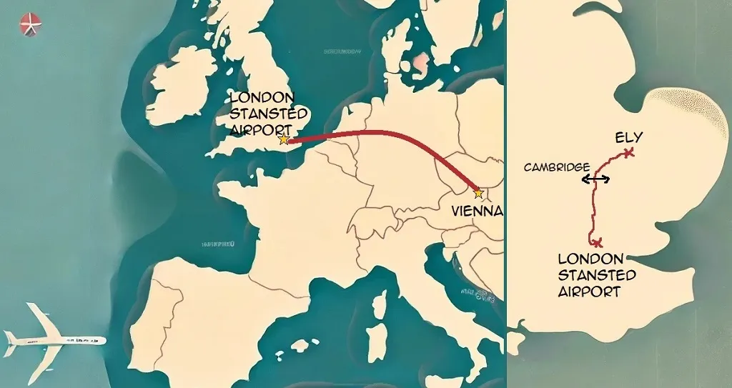 Map illustrating the journey from Vienna to London Stansted Airport, followed by the route to Ely via Cambridge.