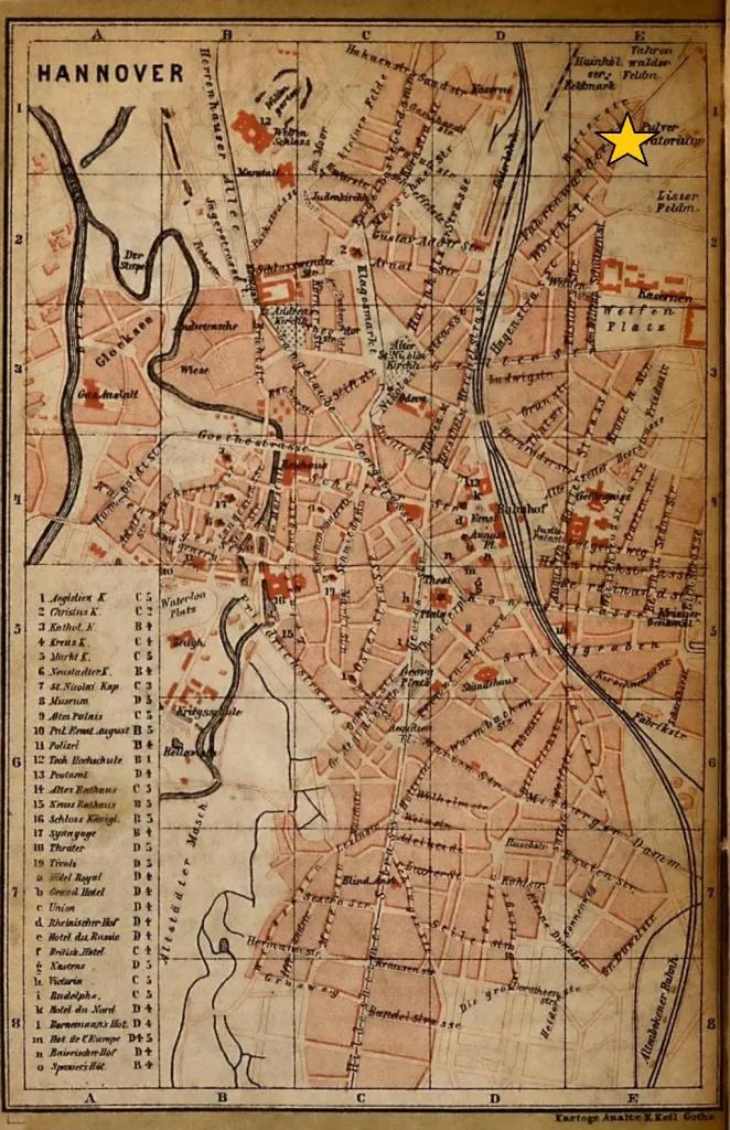 An 1897 map of Hannover with Continental’s factory marked on Vahrenwalder Straße. The factory became a symbol of industrial progress in the region.