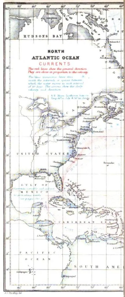 Map showing the currents in the North Atlantic Ocean, produced by R. H. Laurie. These maps were critical for sailors navigating trade routes.