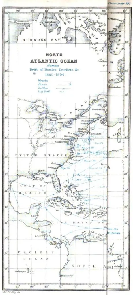 A unique chart by R. H. Laurie showing the drift of bottles, derelicts, and other objects in the North Atlantic Ocean between 1885 and 1894.