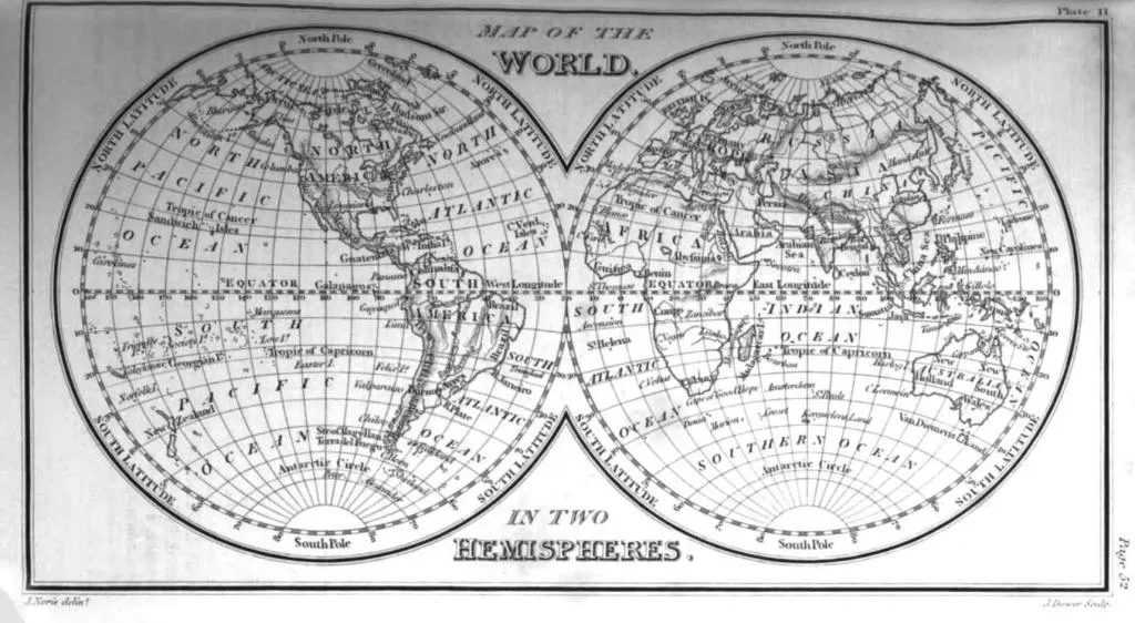 A map of the world in two hemispheres from A Complete Set of Nautical Tables (1803), reflecting the global reach of Norie’s maritime charts.