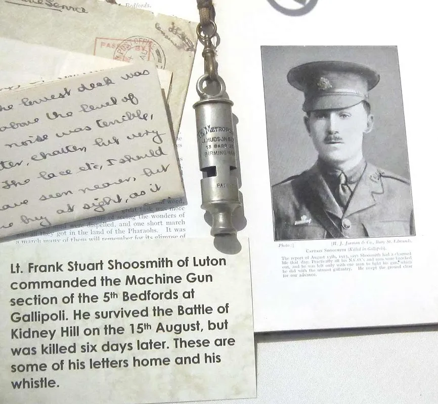 Lt. Frank Stuart Shoosmith's Metropolitan Police whistle, letters, and photograph, cherished relics of Gallipoli and his sacrifice in WWI.