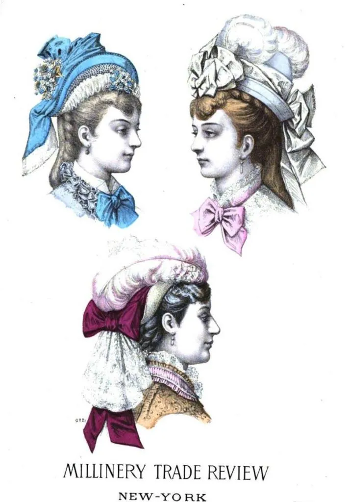 A vintage cover of Millinery Trade Review from New York, showcasing elaborate Victorian-era hats adorned with ribbons, feathers, and lace, reflecting the height of 19th-century fashion trends.