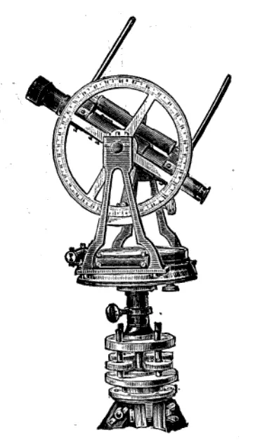 A mining transit theodolite made in 1891 by E. T. Newton & Son, an instrument designed for underground surveys.