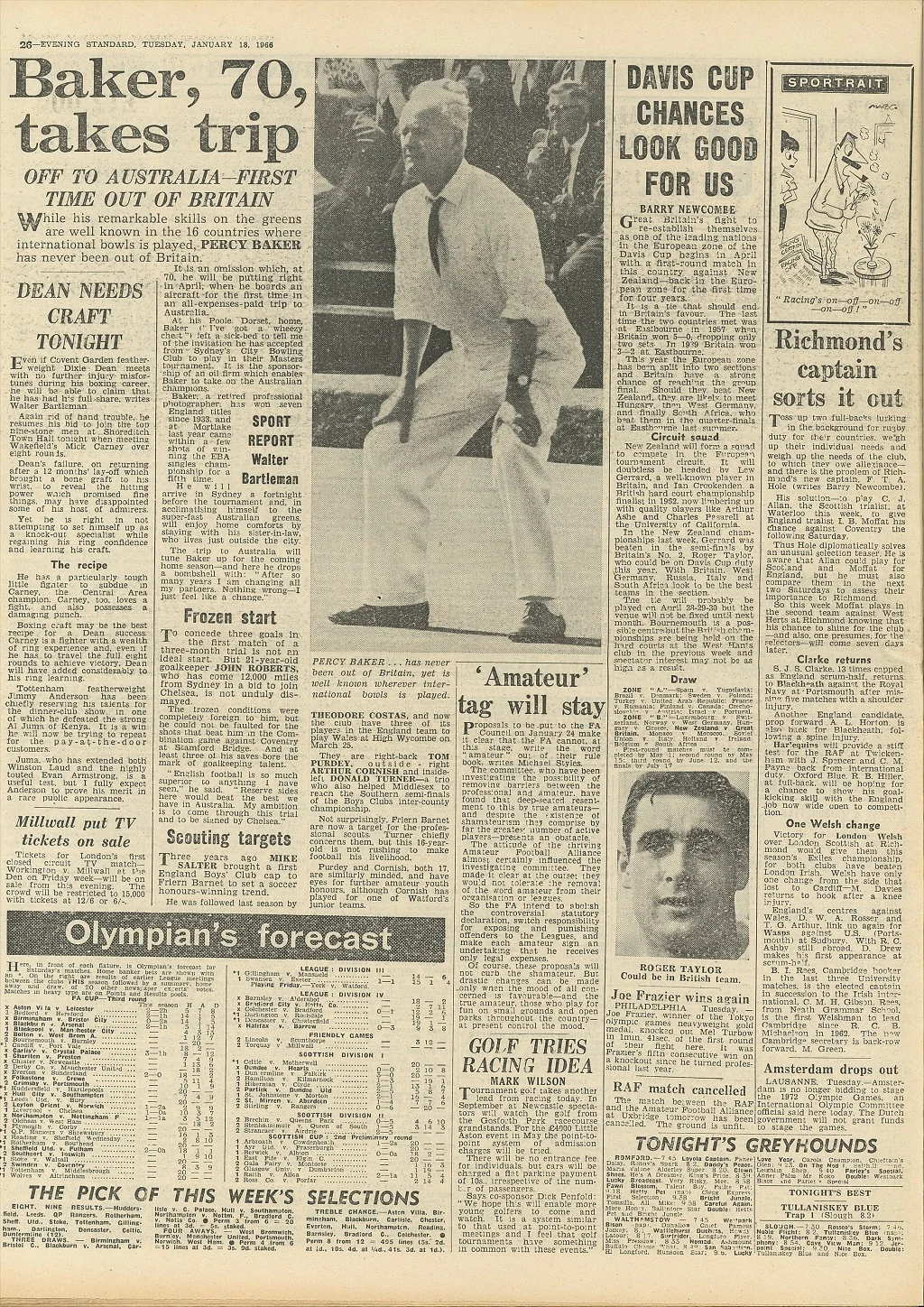 Newspaper article from Evening Standard dated January 18, 1966, covering 70-year-old Percy Baker's Australian tour.