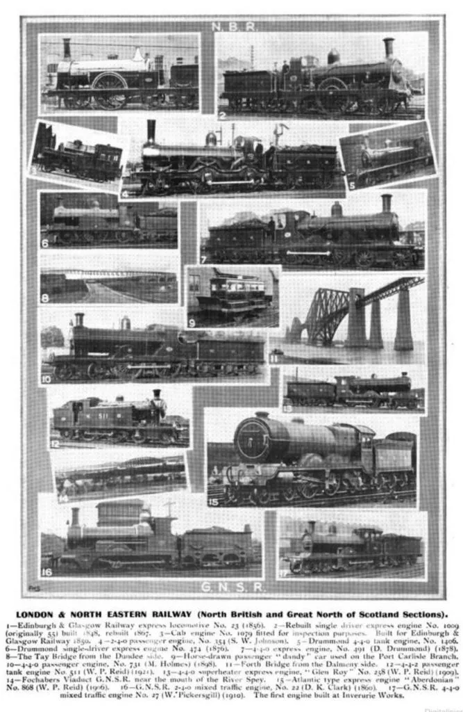 A historical collection of locomotives and infrastructure from the North British Railway (N.B.R.) and the Great North of Scotland Railway (G.N.S.R.), two of the key railways that later formed part of the London & North Eastern Railway (L.N.E.R.). Featured are notable engines such as the Edinburgh & Glasgow Railway express locomotive No. 23 (1896), various tank and passenger locomotives, and infrastructure such as the Tay Bridge and Fochabers Viaduct