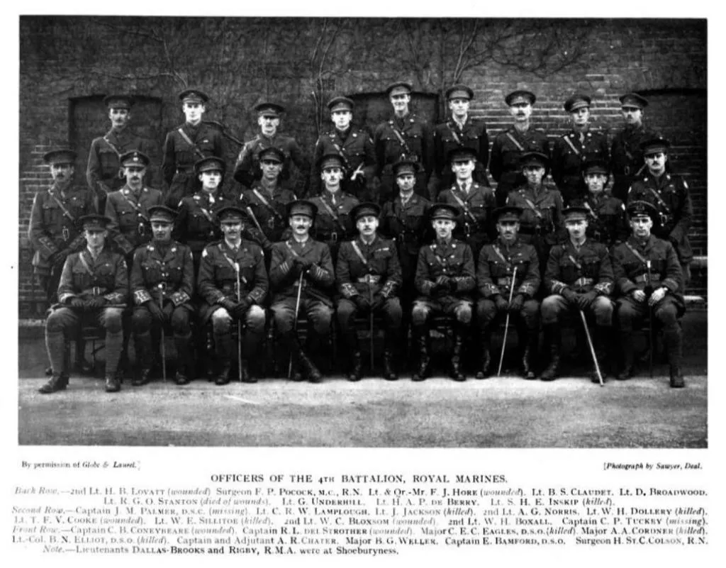 Officers of the 4th Battalion, Royal Marines, many of whom fought and died in the Dardanelles Campaign.