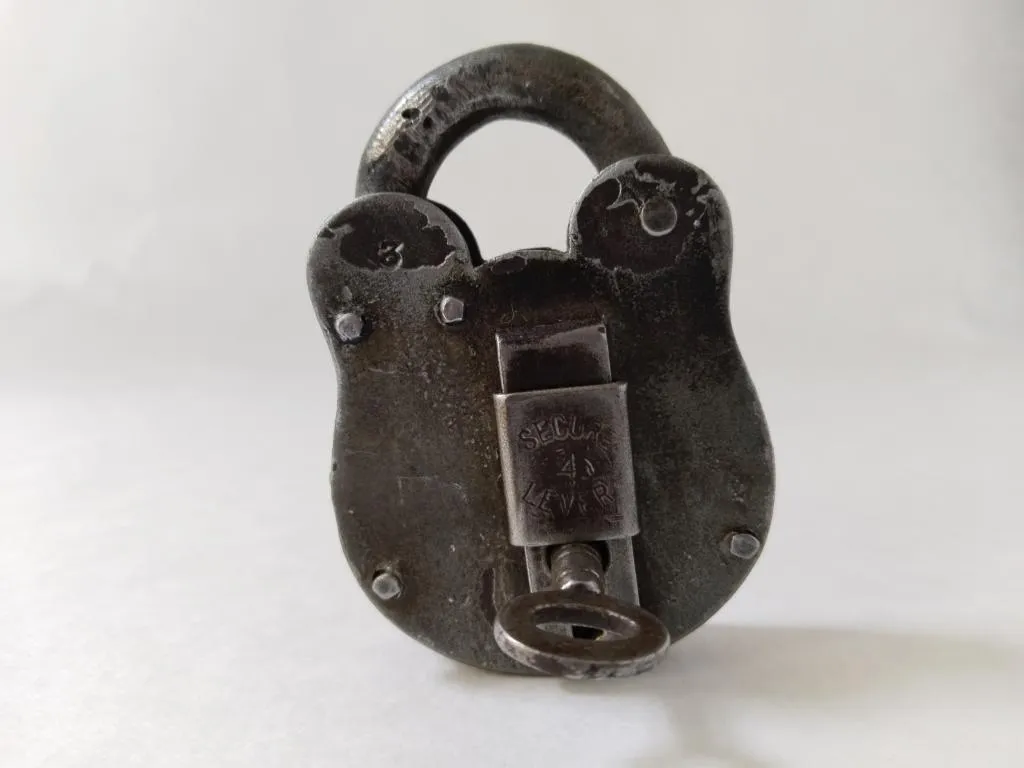 Old Iron Padlock with Original Key, featuring Secure 4 Lever marking.