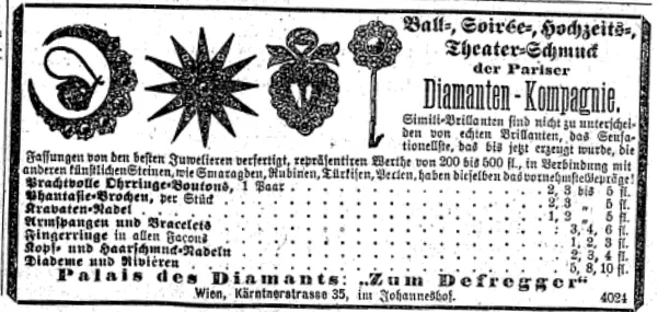 Eine Anzeige aus dem Jahr 1897, die den luxuriösen Schmuck und die edlen Accessoires des Palais des Diamants an seinem ursprünglichen Standort in der Kärntnerstraße 35 präsentiert.