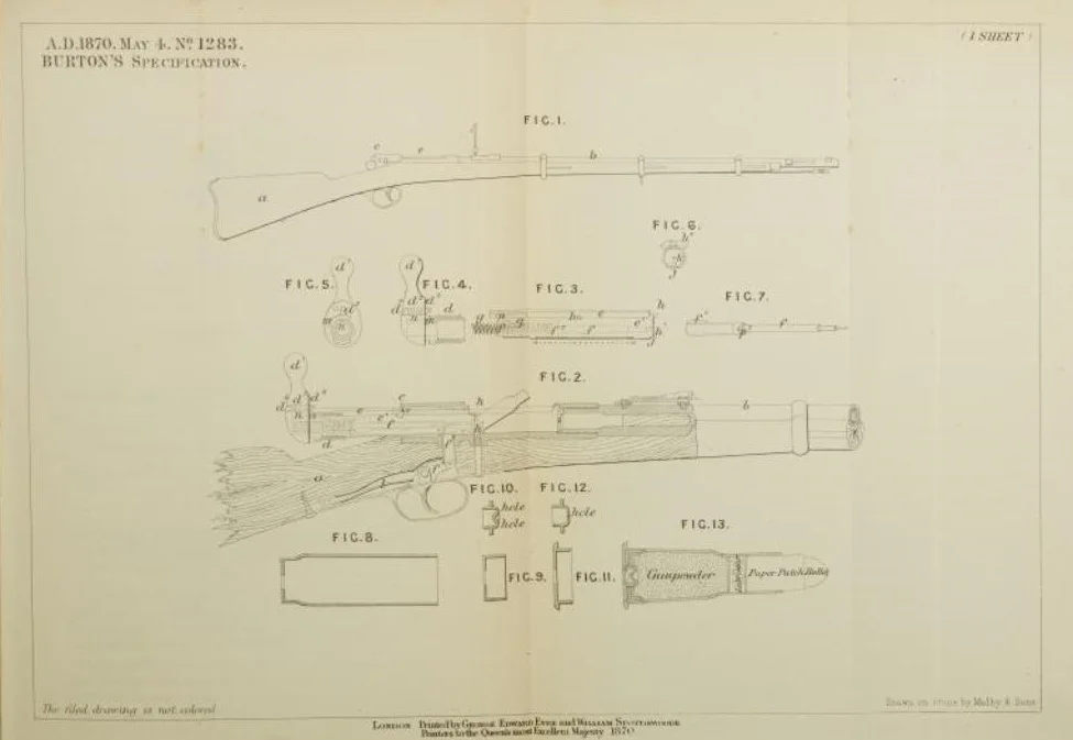 Technical illustrations from the 1870 firearm patent, showing the innovative bolt mechanism that prevented premature discharge.