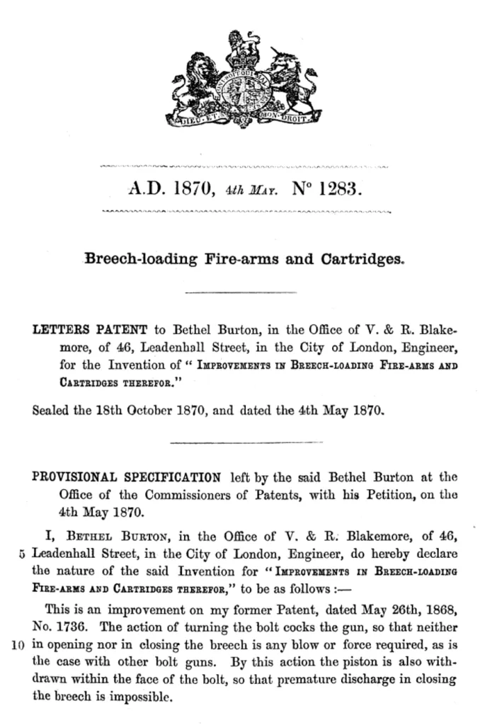 Patent document from 1870 describing improvements in breech-loading firearms, registered under V&R Blakemore’s office.