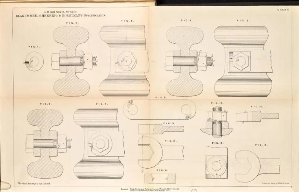 Technical drawings from the 1871 patent, illustrating the locking mechanism for bolts and spanners.