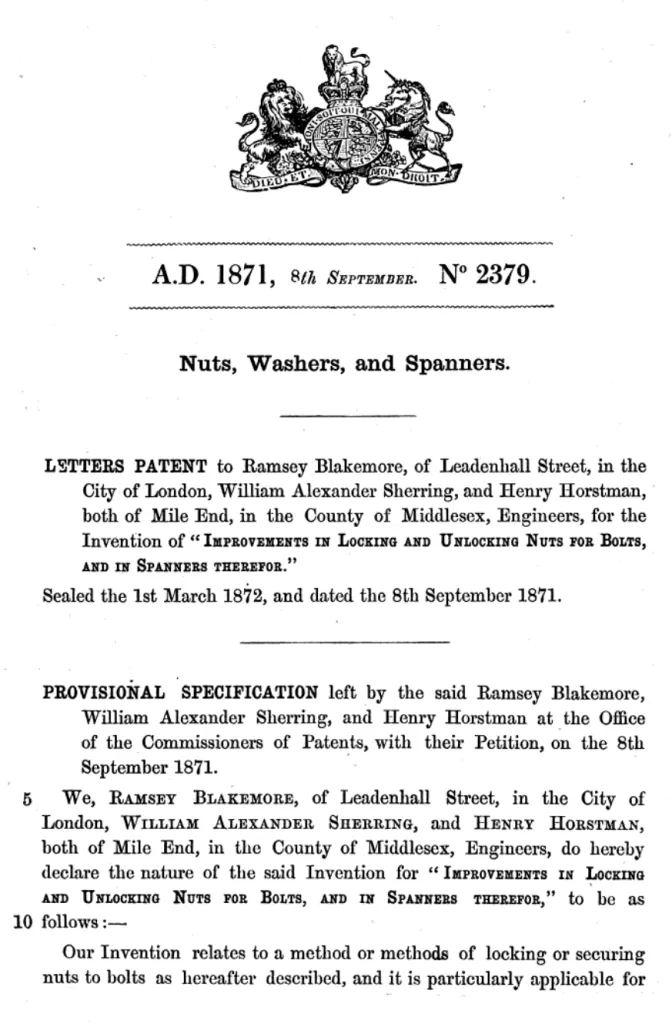 Patent document from 1871 detailing Ramsey Blakemore’s invention related to locking nuts and spanners.