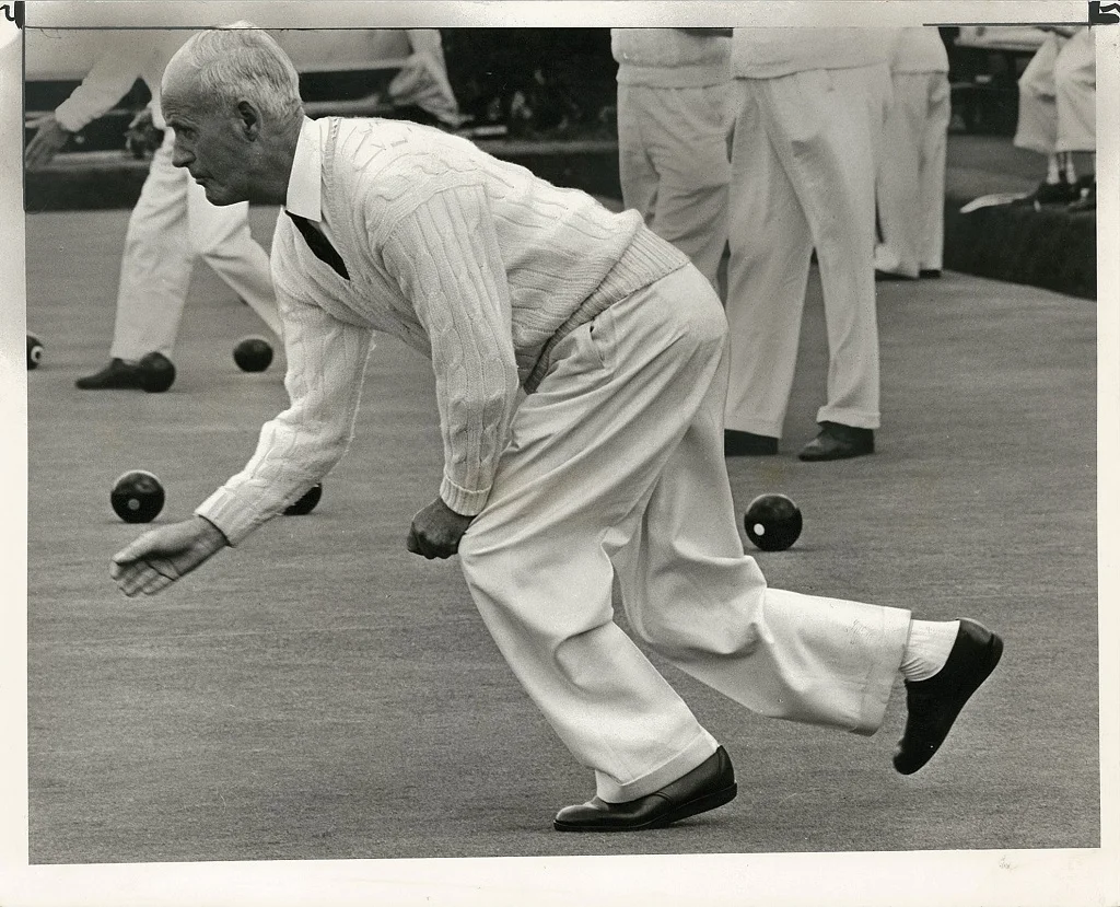 Seventy-one-years-old PERCY BAKER, skipper of the Dorset team, competing in the English Bowling Association's fours championships at Mortlake today