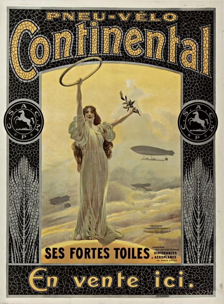 This Art Nouveau-style poster promotes Pneu-Vélo Continental bicycle tires, highlighting their strong canvas.