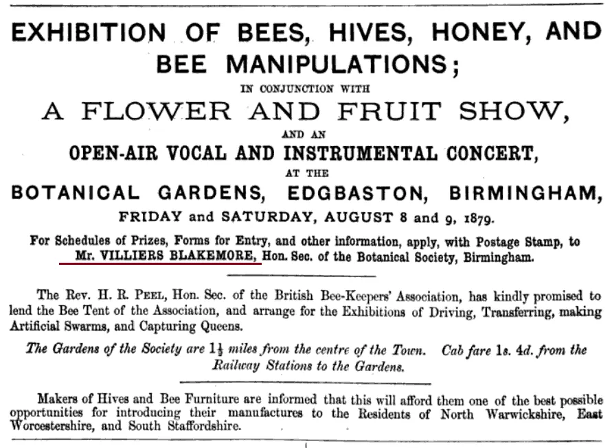 A printed advertisement for the 1879 exhibition of bees, hives, and honey, where Villiers Blakemore played a key role in organizing events and demonstrations.