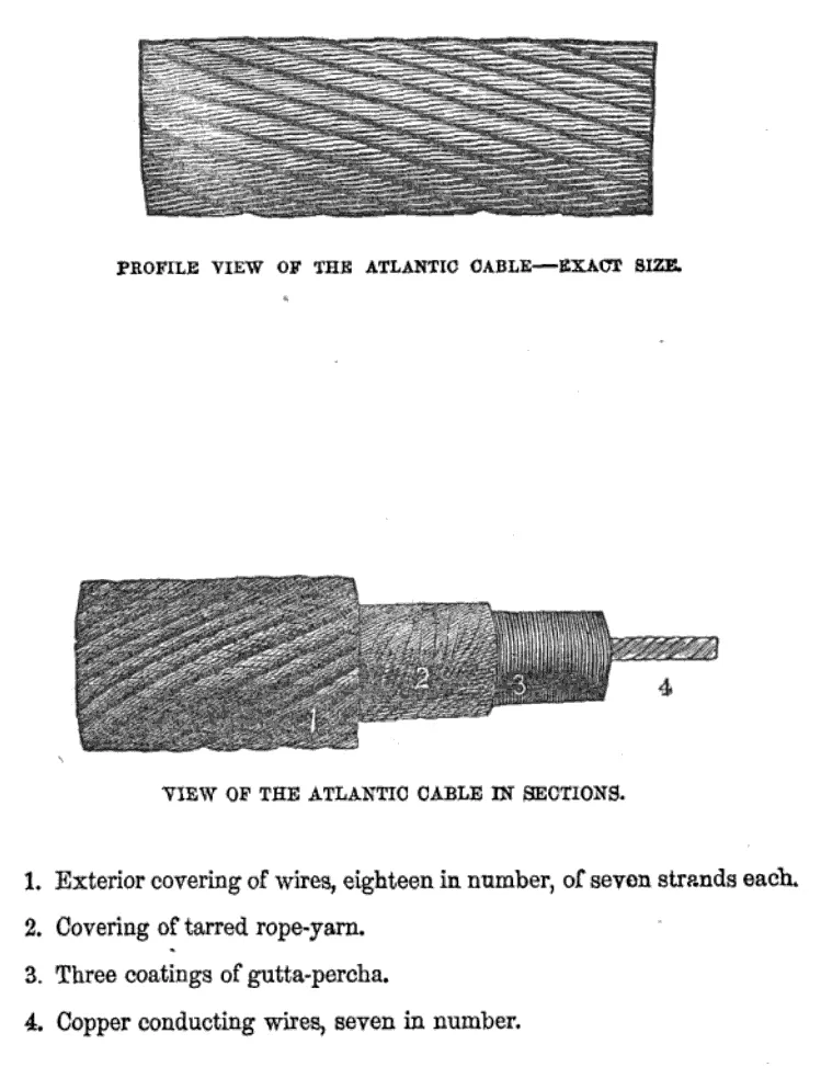 Profil- und Querschnittsansicht des Atlantikkabels – exakte Größe. 1858.