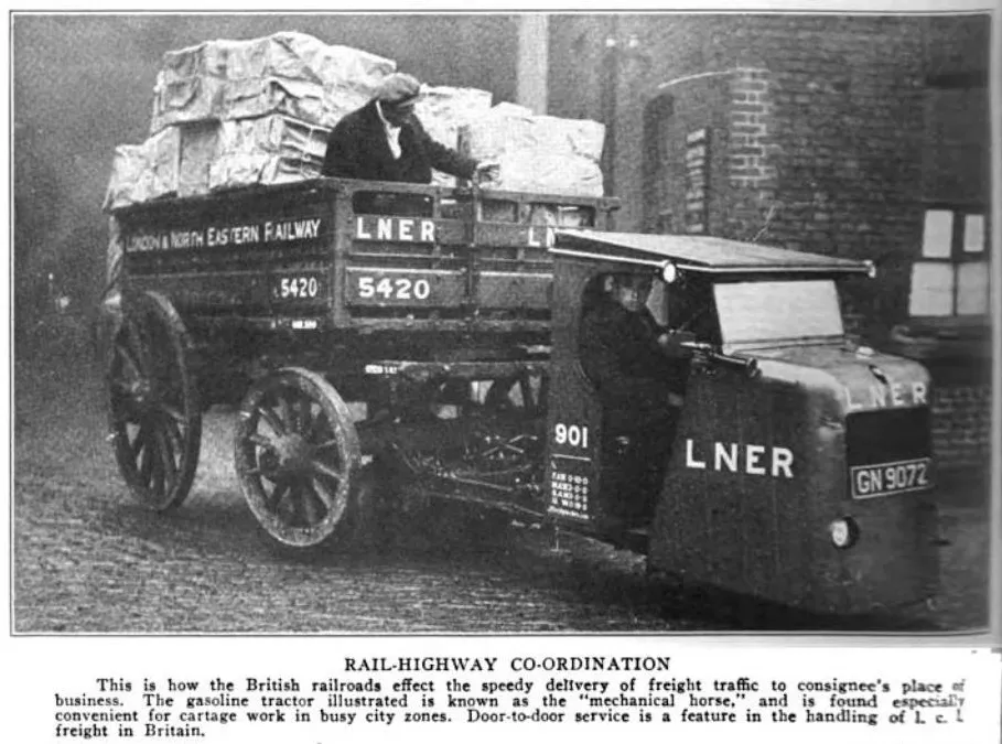 LNER’s rail-highway coordination in action—mechanical horses facilitating the last-mile delivery of goods from trains to urban destinations.