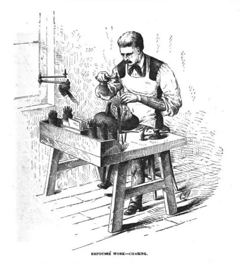 Der Repoussé-Prozess ist eine Methode, die scheinbar besser als jede andere die Gedanken eines Künstlers zum Ausdruck bringen kann. Tiffany & Co., vierte Etage, Union Square, New York, 1878