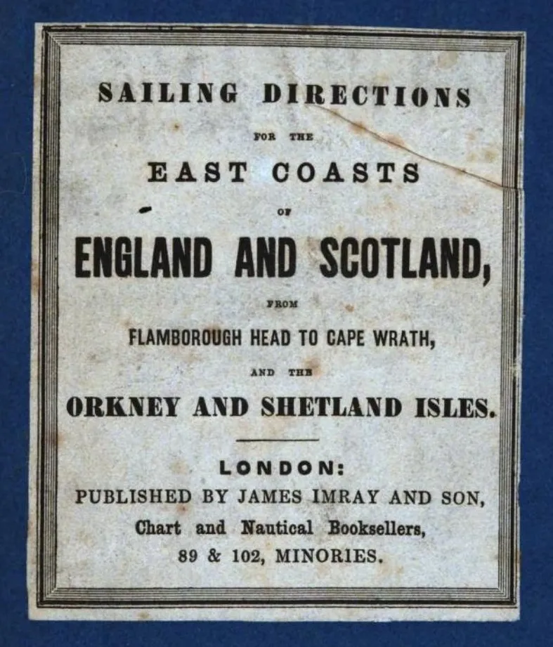 The cover of Sailing Directions for the East Coasts of England and Scotland, a crucial navigational guide published in 1874 by James Imray & Son.