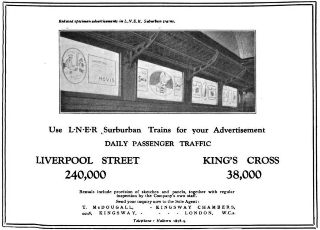 Advertisements inside LNER suburban train compartments, where brands showcased their products to thousands of daily passengers.