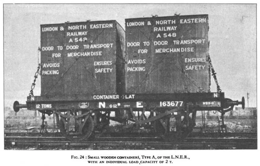 Small wooden containers, Type A, of the LNER, designed for door-to-door merchandise transport. Each container has an individual load capacity of 2 tons, ensuring safe and efficient freight handling. (1935)