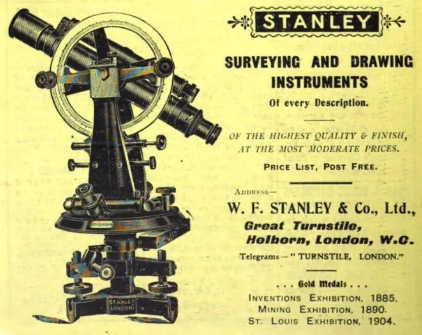 Werbeanzeige für Stanleys Vermessungs- und Zeicheninstrumente – hochwertige Produkte zu erschwinglichen Preisen.