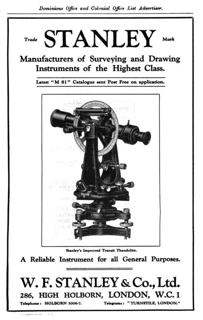 Stanley & Co. Advertisement for Surveying Instruments – A vintage advertisement showcasing Stanley’s improved transit theodolite, emphasizing its reliability and precision for general surveying purposes.