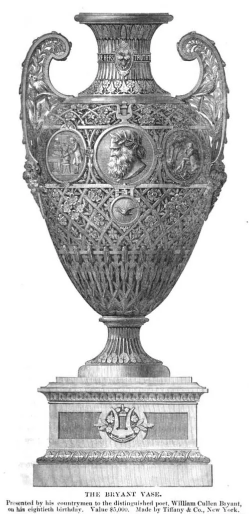 Die Bryant-Vase. Von seinen Landsleuten dem angesehenen Dichter William Cullen Bryant zu seinem achtzigsten Geburtstag überreicht. Wert: 5.000 Dollar. Hergestellt von Tiffany & Co., New York, 1874.