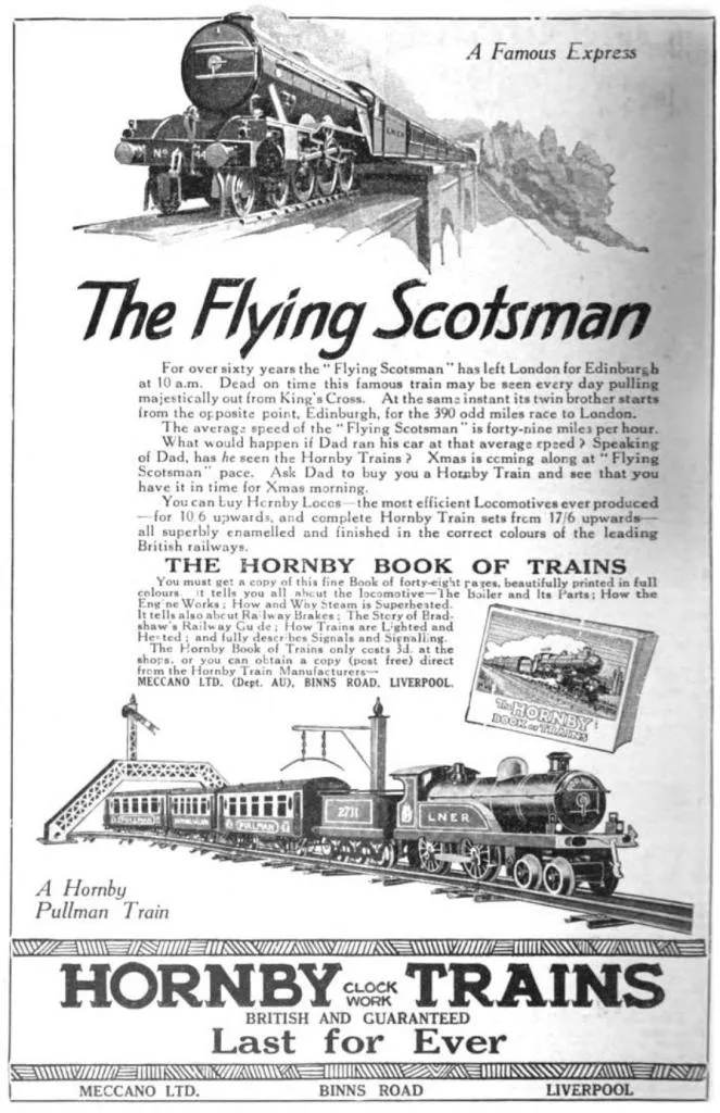 An iconic advertisement for The Flying Scotsman featuring both the full-sized L.N.E.R. express train and its Hornby miniature counterpart, showcasing the excitement of rail travel and model railroading in the 1920s.