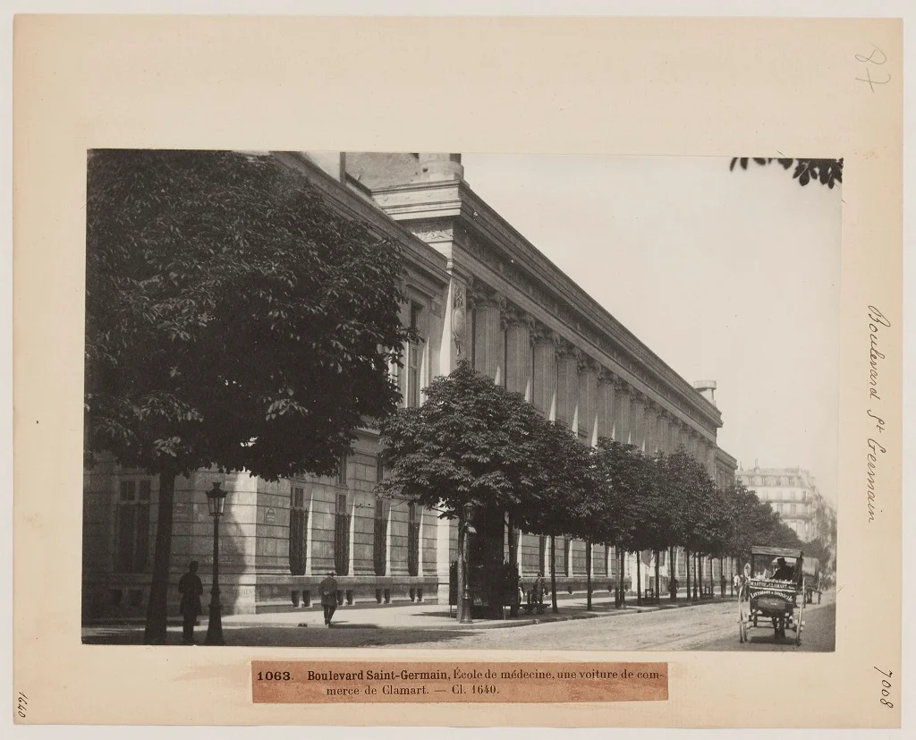 The grand facade of the Faculty of Medicine on the boulevard Saint-Germain, now known as rue de l'École-de-Médecine, in Paris's 6th arrondissement.