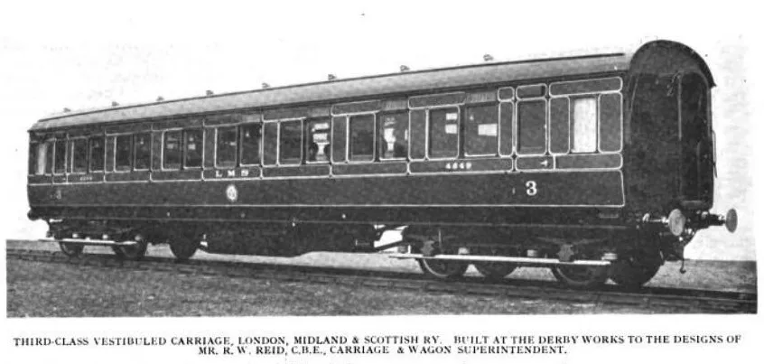 A third-class vestibuled carriage built at Derby Works to the designs of R.W. Reid, C.B.E., Carriage & Wagon Superintendent.