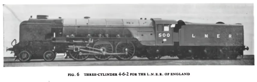 A three-cylinder 4-6-2 locomotive built for the London & North Eastern Railway (L.N.E.R.) of England. This Pacific-type locomotive was part of L.N.E.R.'s advanced express passenger fleet, designed for high-speed and long-distance travel. The 4-6-2 wheel arrangement, known for its power and efficiency, played a crucial role in the railway’s ability to maintain reliable and rapid services across its extensive network.