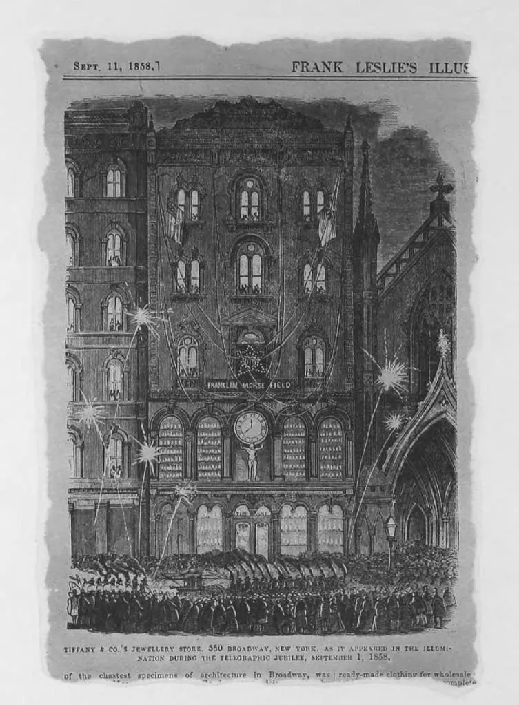 Tiffany & Co., 550 Broadway, New York, mit Dekorationen und Beleuchtung während des Telegraphen-Jubiläums am 1. September 1858; aus der Frank Leslie’s Illustrated Newspaper vom 11. September 1858.