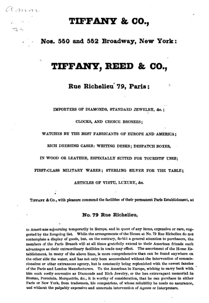 Anzeige von Tiffany, Reed & Co., Pariser Niederlassung, Rue Richelieu, Paris, 1850