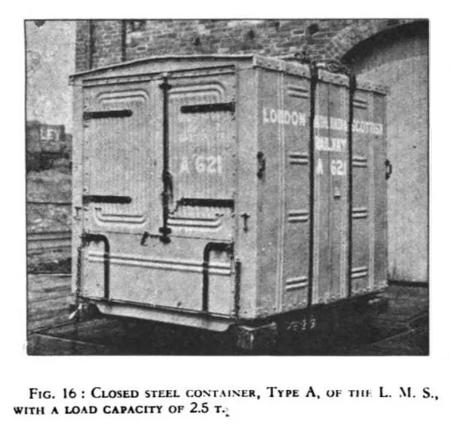 A Type A closed steel container with a load capacity of 2.5 tons, widely used by L.M.S. for freight transport.