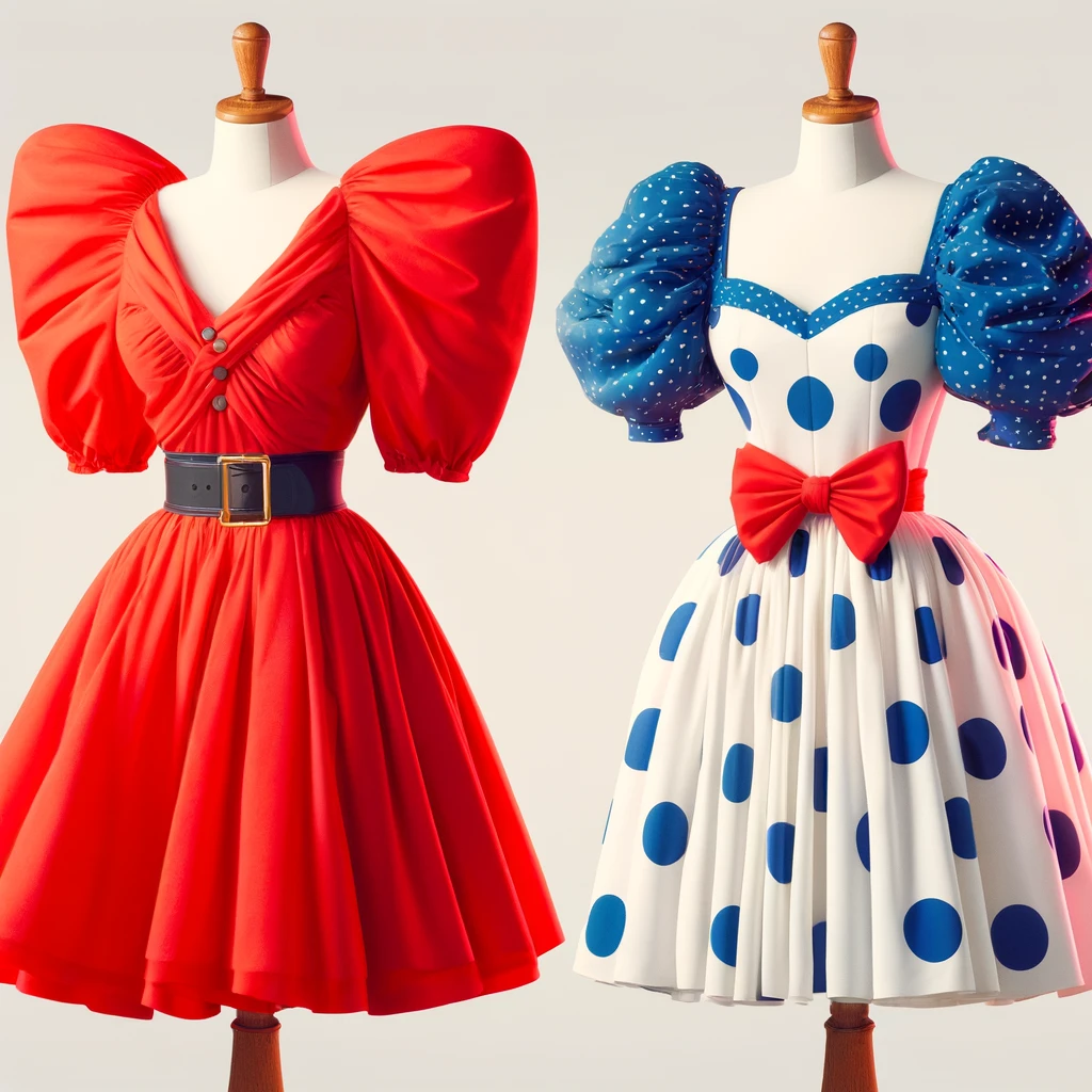 Two dresses on mannequins, styled in 1980s fashion. The first dress is a bold red with padded shoulders, a wide belt at the waist, and a bow tie collar. The second dress is white with large blue polka dots, featuring exaggerated puffed sleeves, a fitted waist, and a sweetheart neckline. Both dresses have a distinctly 1980s retro vibe, with bright colors and bold patterns typical of the era.