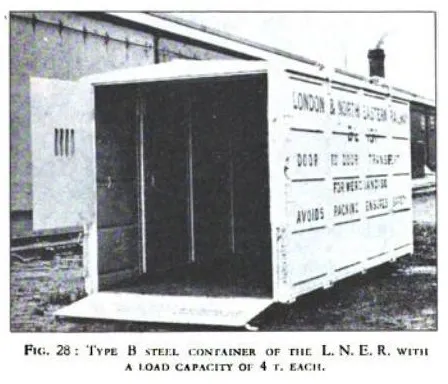 A Type B steel container of the LNER with a load capacity of 4 tons, designed for efficient door-to-door transport of merchandise. The open door reveals its spacious interior, emphasizing ease of loading and unloading. (1935)